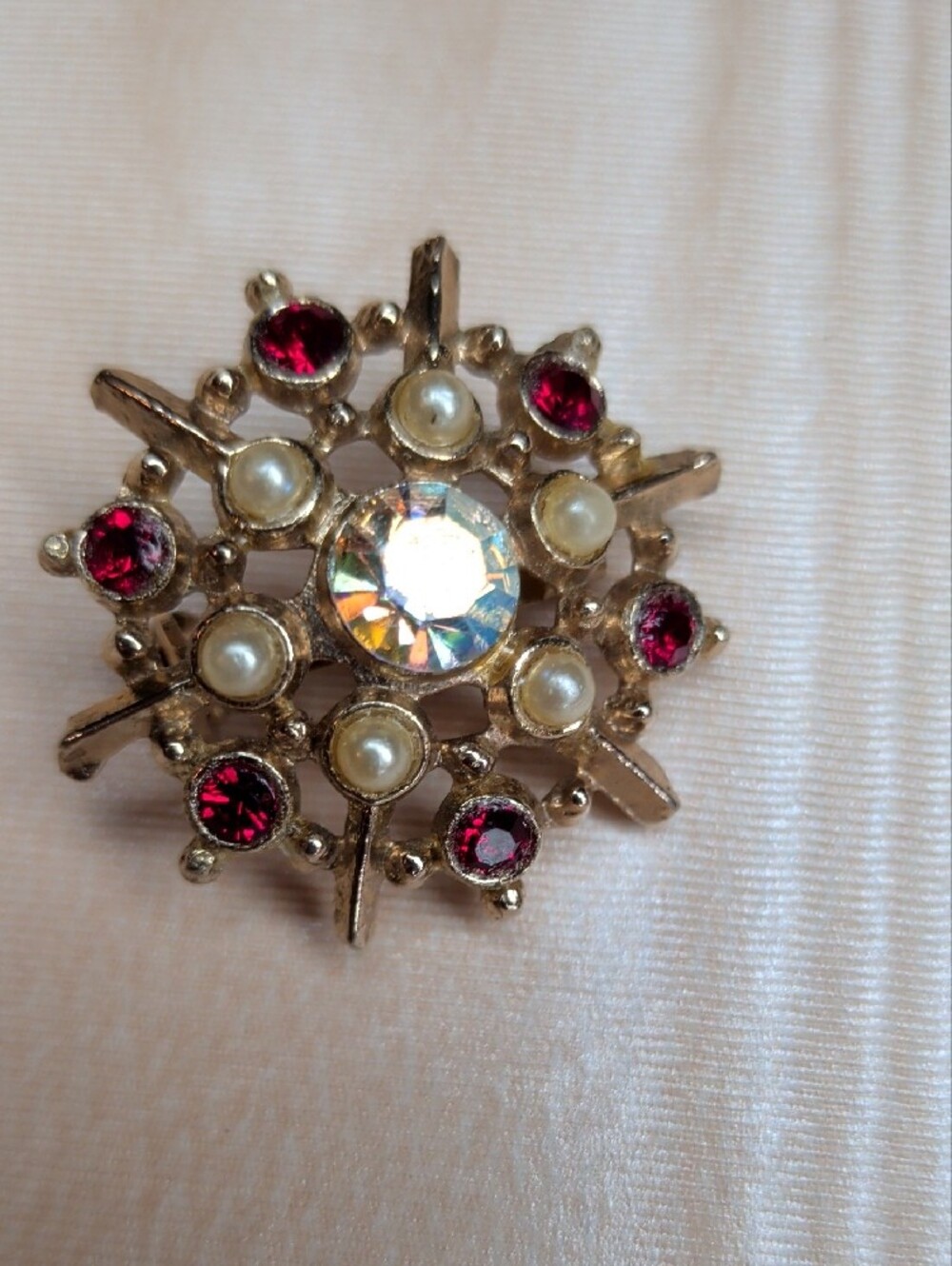 Vintage 50s Red Snowflake Brooch Pearl & AB Crystal Red Retro Starburst MCM